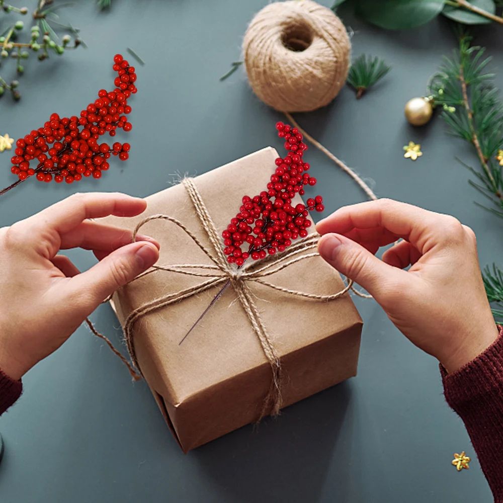 50/1branch Christmas Artificial Berries Stem Red Holly Berry Fake Flowers Plant for Xmas Tree New Year Party Home Decor Ornament