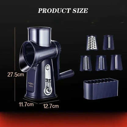Ralador de Queijo Rotativo, Fatiador Mandoline Redondo com Alça e 5 Lâminas Tambor, Fatiador Manual de Vegetais de Cozinha, Moedor de Nozes