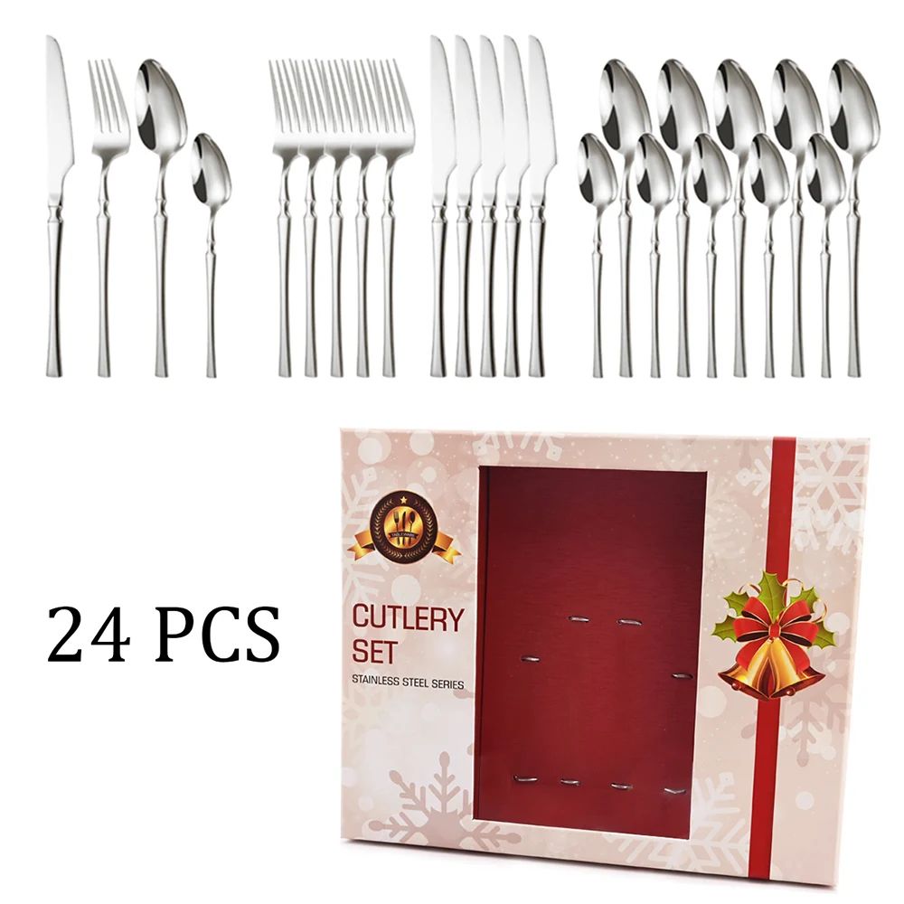 Conjuntos de talheres de Natal 24 peças, aço inoxidável, faqueiro de jantar, faca, garfo, colher de chá, louça de luxo para cozinha, caixa de presente