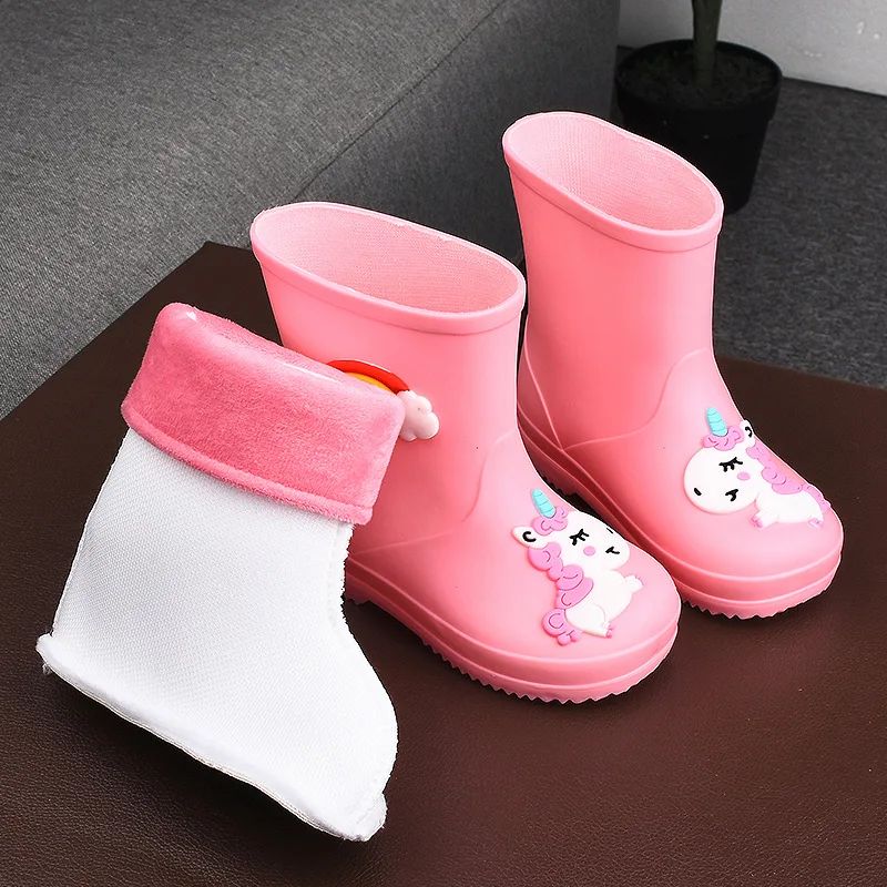Children's Fleece-Lined Non-Slip Rain Boots For Boys And Girls Cartoon Cute Princess Style Anti-Slip Four Seasons Kids Shoes