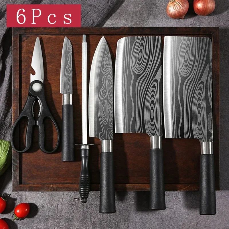 Kitchen Knives Scissors Sharpening Rod Set Laser Damascus Pattern Utility Stainless Steel Sharp Slicing Chef knife Cooking Tool