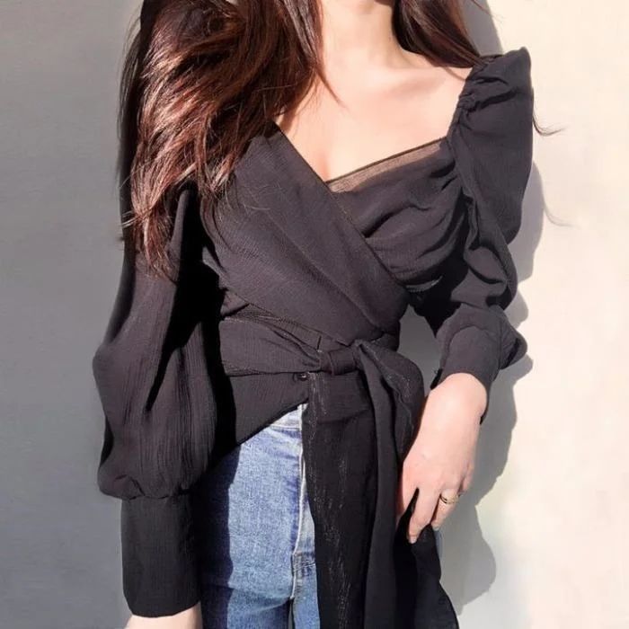 2023 Design Long Sleeve Shirt Women's V-neck Pleated Waist Top Blusas Clothes for Women Tops Shirts Blouses