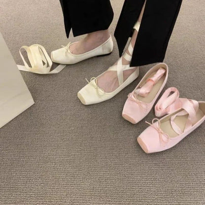 Women Flats Bow Marie Janes Shoes  New Lolita Dress Square Toe Shoes Designer Walking Sandals Female Elegant Zapatos