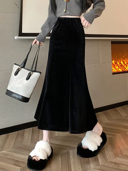 Elastic Velvet Long Black Skirts Women 2025 Casual Korean Fashion Y2k Clothes Mid Length Elegant High Waist Harajuku Maxi Skirt