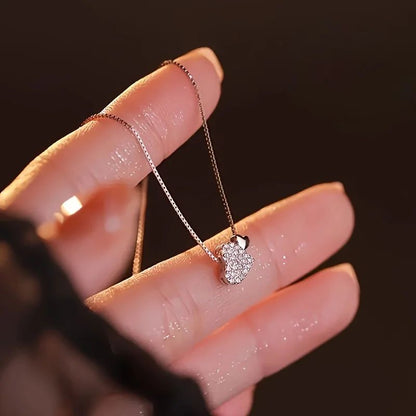 Korea Ins Fashion Shiny Inlaid Zirconia Double Love Pendant Necklace Women Simple Design Wedding Banquet Jewelry Accessories