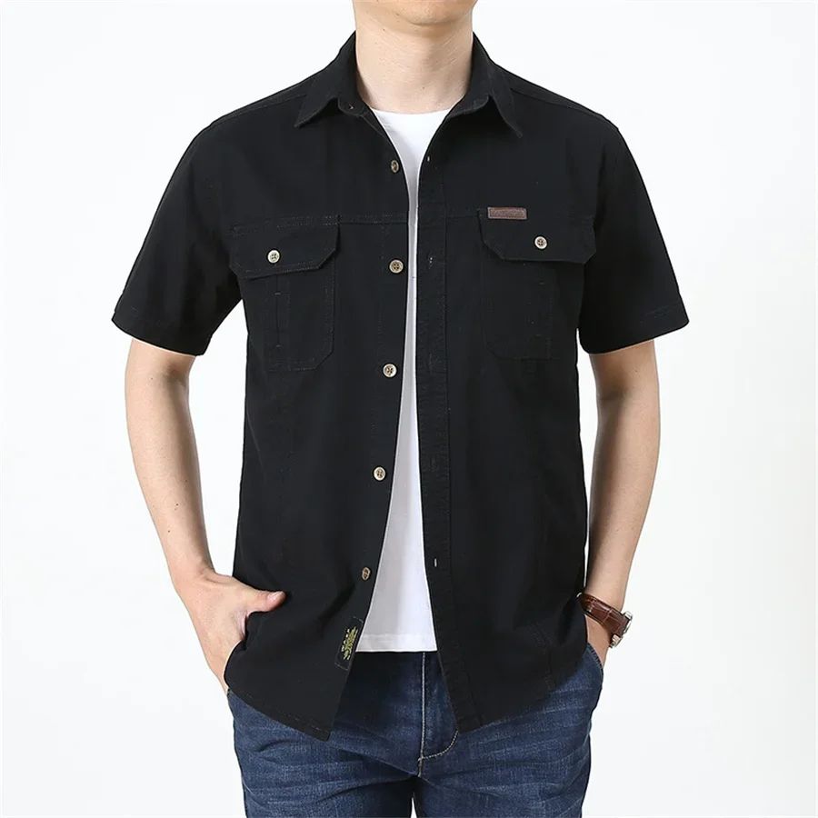 Summer Quick Dry Short Sleeve Mens Army Fan Tactical Shirts Male Solid Thin Lapel Cargo Shirt Tops Outdoor Hiking Military Shirt