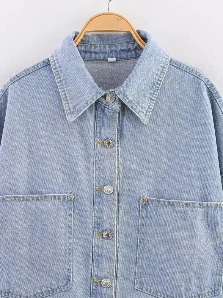 Summer New Style Simple Retro Loose Casual Denim Shirt Jacket Women's Button up Shirt Full Sleeve Regular Fit Blend Fabric