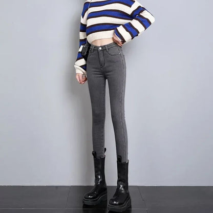 Winter Lady Thermal Plush Jeans Snow Warm Stretch Jeans Hot Sale High Waist Fleece Pants Female Straight Leg Denim Trousers