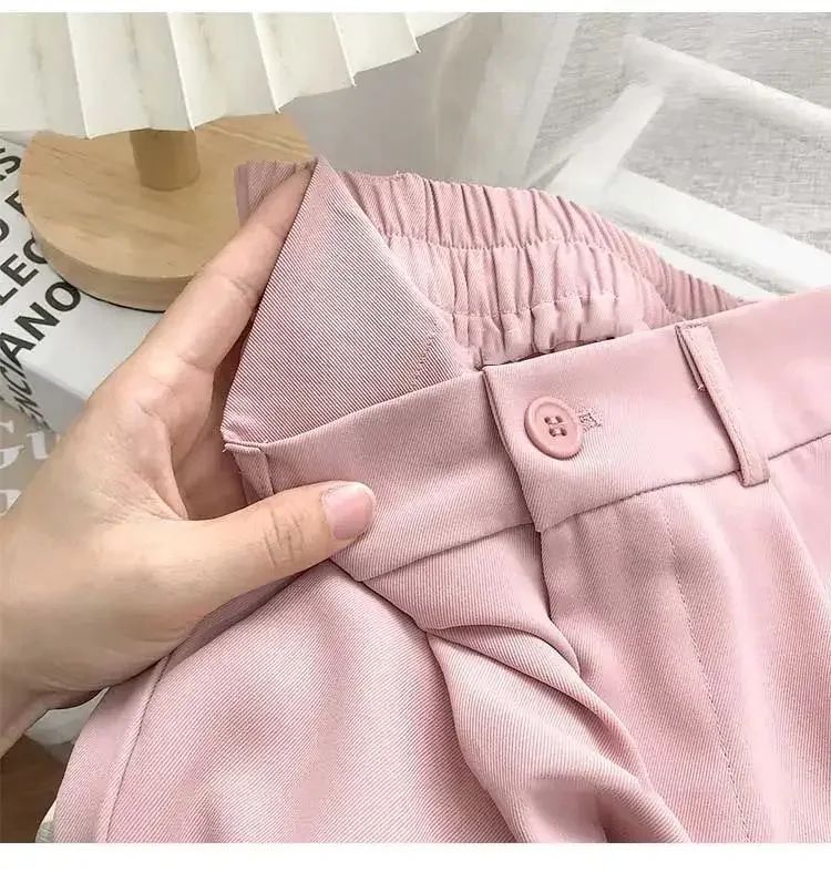 Fashion Elastic High Waist Suit Pants Women Fall Spring Casual Loose Straight Black Trouser Office Ladies Nine Points Streetwear