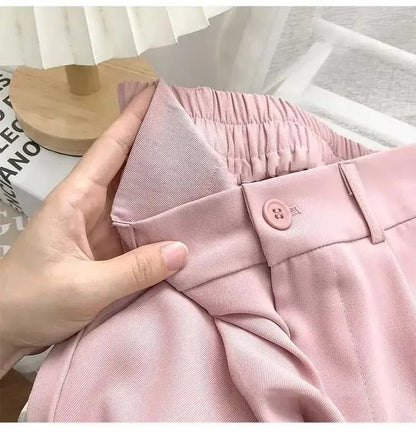 Fashion Elastic High Waist Suit Pants Women Fall Spring Casual Loose Straight Black Trouser Office Ladies Nine Points Streetwear