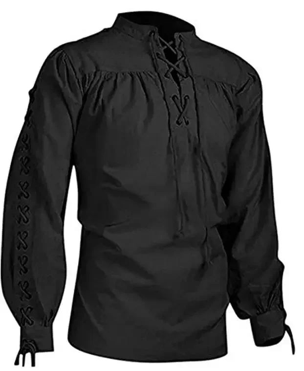 Men Medieval Shirts Drawstring Viking Vintage Sleeve Tunic Cosplay Tops Knight Costume Ruffle Pirate Gothic Neckline Male Shirts