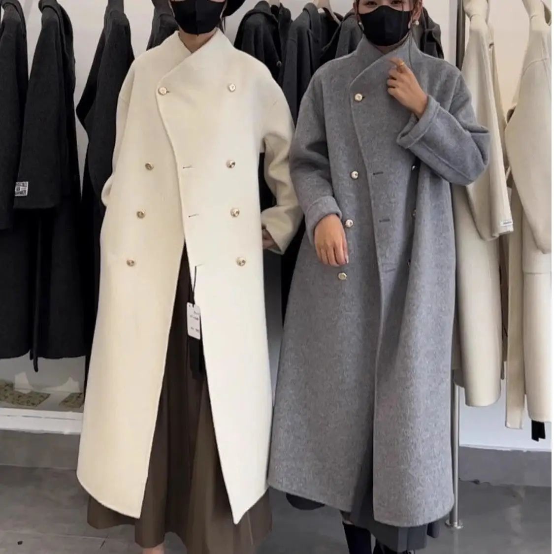 Light Grey Woolen Coat Women's Long Loose Korean Style Fashionable Autumn Winter New Arrival Polyester Fiber Full Sleeve