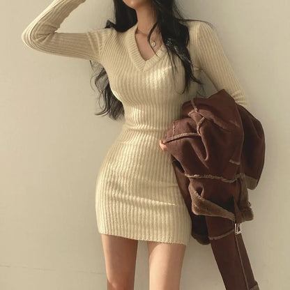 Women Knit Slim Sexy Bodycon Dress V-Neck Long Sleeve Dress Solid Casual Midi Sw