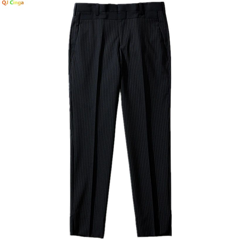 Calça Casual Masculina Listrada Preta Nova de Verão 2025, Calça Slim da Moda na Altura da Panturrilha, Tamanhos 28-35