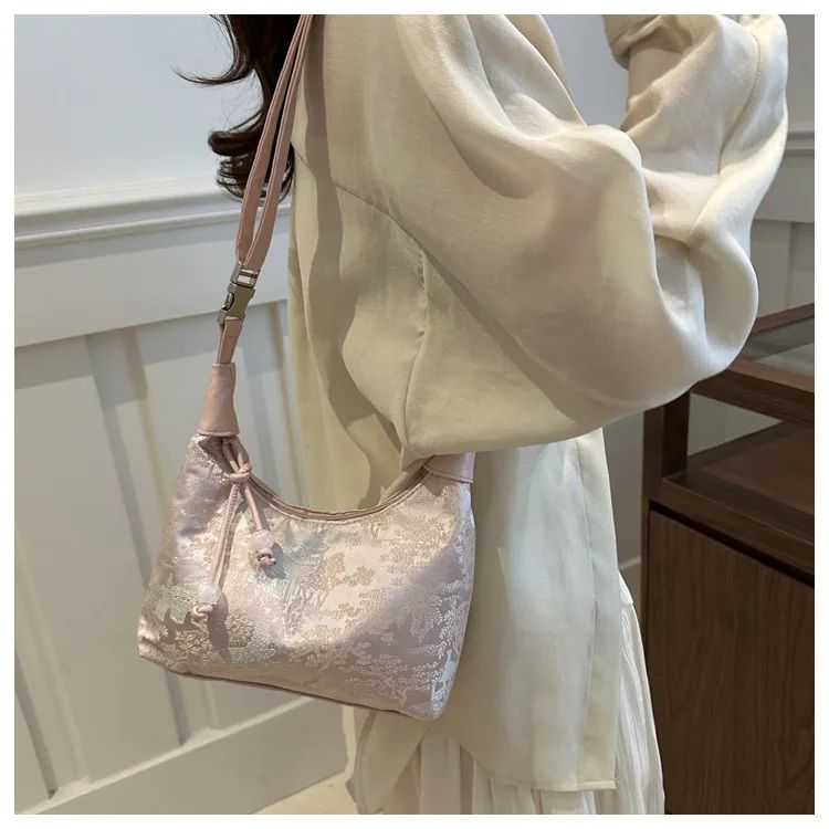 Sweet Embroidery Shoulder Bag Nylon Texture Pearl Pendant Crossbody Bag Small Bucket Handbag Women Canvas Luxury Cheongsam Bag