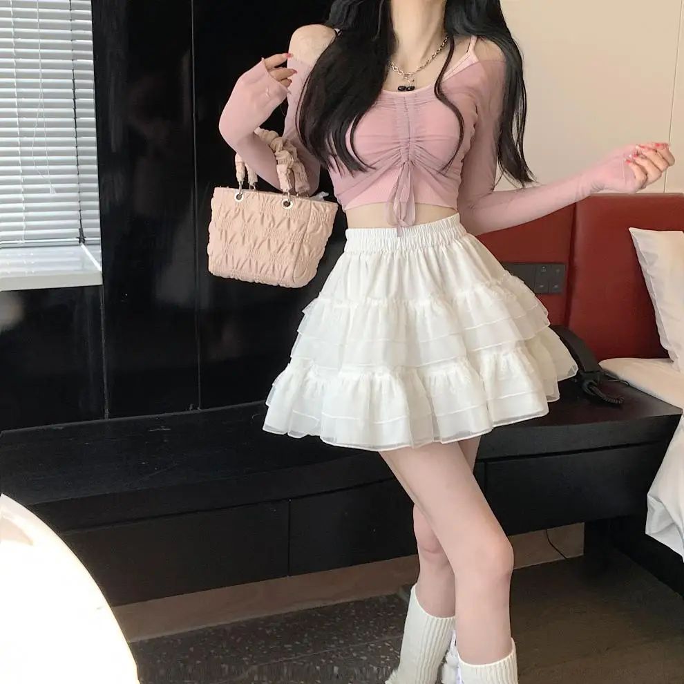 Plus Size New Style Pure Desire Aesthetic Mini Dress Net Yarn Fairy Puff Skirt High-Waisted Slimming Lace Cake A- Line Skirt ...