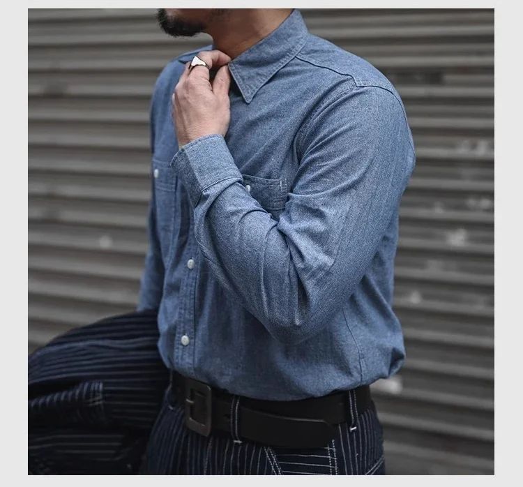 Non Stock Classic Chambray Shirt Spring Men's Two-Pocket Workshirt Light Blue