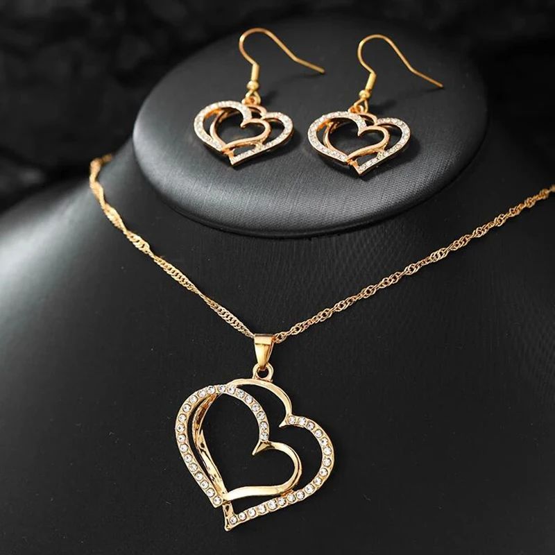 Conjunto de Joias Coração de 3 Peças Brincos Colar com Pingente para Mulheres Conjunto de Joias Duplo Coração de Strass Elegante e Moderno