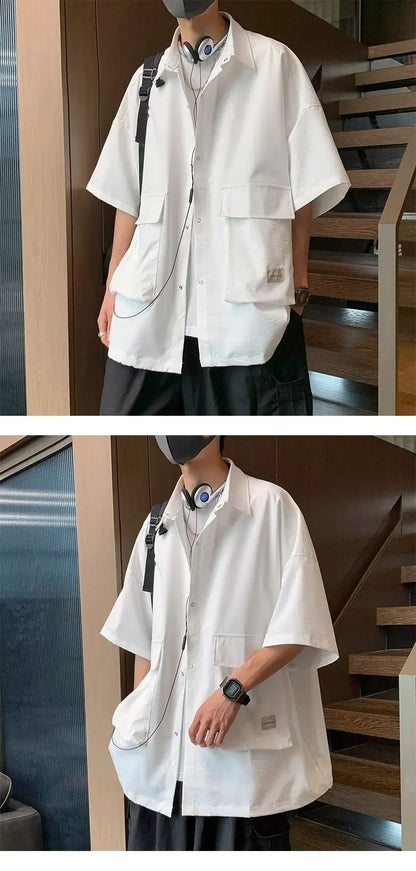 Men's Retro Large Pocket Cargo Shirt Jacket Coat Summer Loose Casual Short Sleeved Shirt For Men Y2k Japan Korea Streetwear