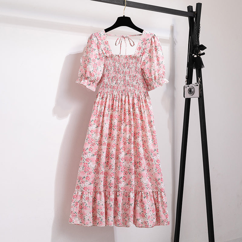 Summer Pleated Women Chiffon Dresses Casual Beach Holiday Short Sleeve Square Co