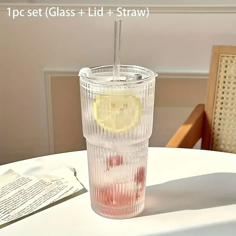 1/2pcs 600ml Stripe Glass Cup with Lid and Straw Transparent Drinking Glasses for Juice Water and Iced Coffee Cups Drinkware