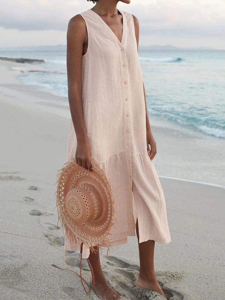 Summer Loose Casual Patchwork Cotton Linen Pocktes Dress V Neck Beach Style Dres