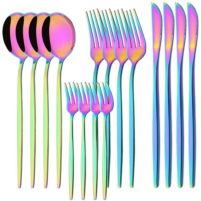 Conjunto de Talheres de Aço Inoxidável 16 Peças Rainbow para Jantar Faca Garfo de Bolo Colher Conjunto de Talheres de Mesa de Cozinha