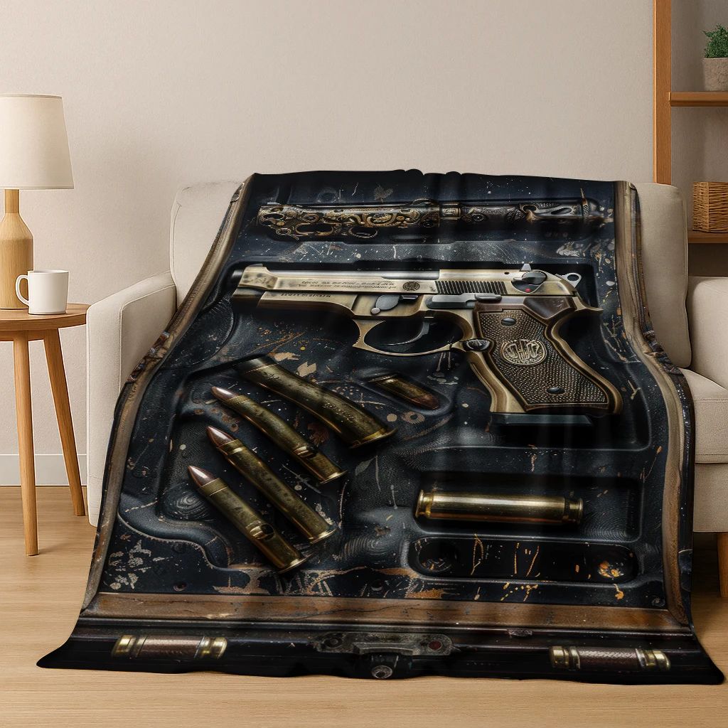 ?Tactical Rifle Print Flannel Blanket - Reversible Military-Inspired Design for Outdoor Enthusiasts Durable Warmth & Bold Style?