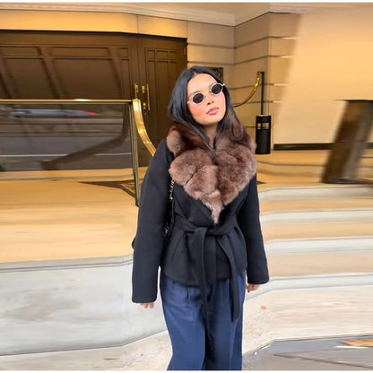 Elegant Fur Collar Woolen Coat Women Contrast Full Sleeve Turn-down Collar Loose Lace Up Coats Female 2025 Autumn Lady Outwears