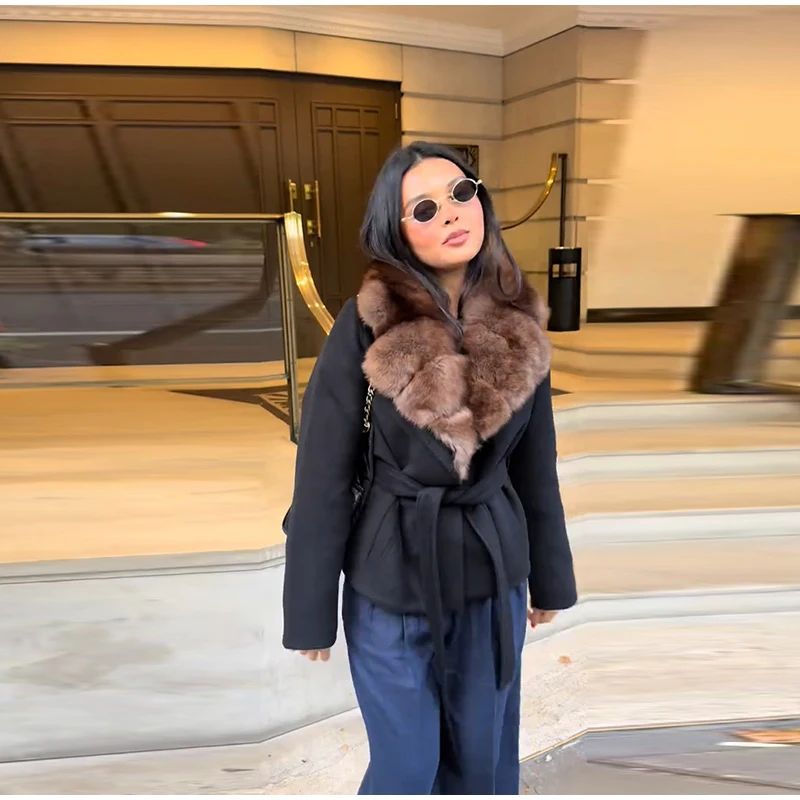 Elegant Fur Collar Woolen Coat Women Contrast Full Sleeve Turn-down Collar Loose Lace Up Coats Female 2025 Autumn Lady Outwears