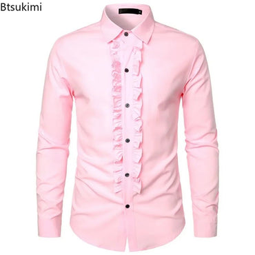 New 2025 Men's Long Sleeve Tuxedo Shirts Fashion Party Wedding Male Dress Shirts Ruffle Pleated Design Solid Shirt Chemise Homme