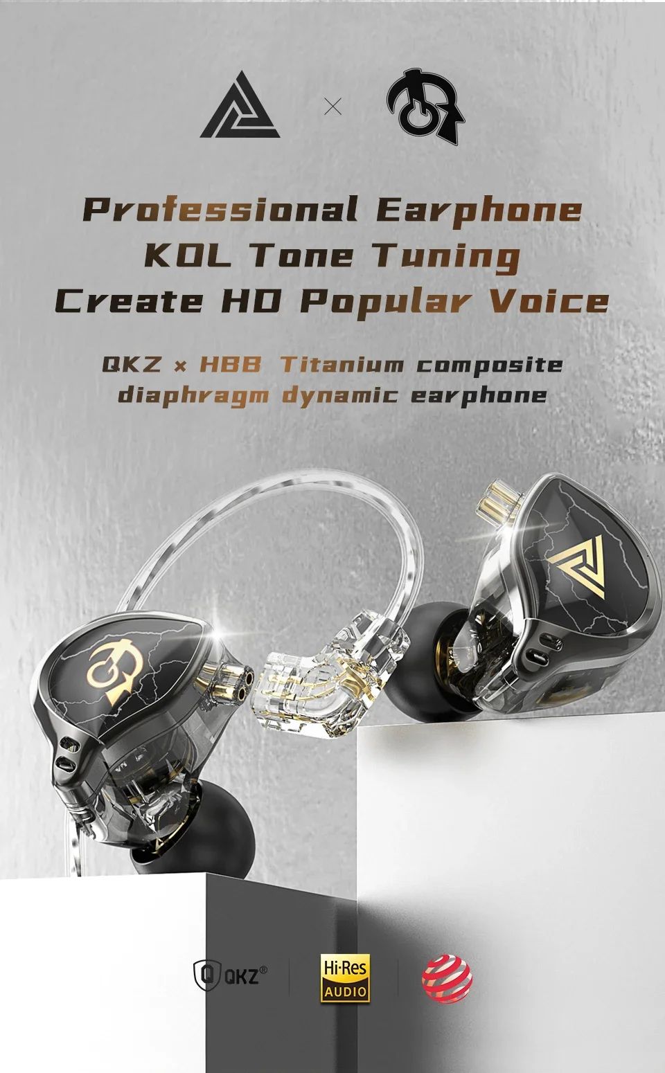 QKZ X HBB Best HiFi In Ear Wired Earphones 10mm Titanium-Coated Diaphragm Semi-open Cavity CNC Aluminum Alloy Monitor Headphone