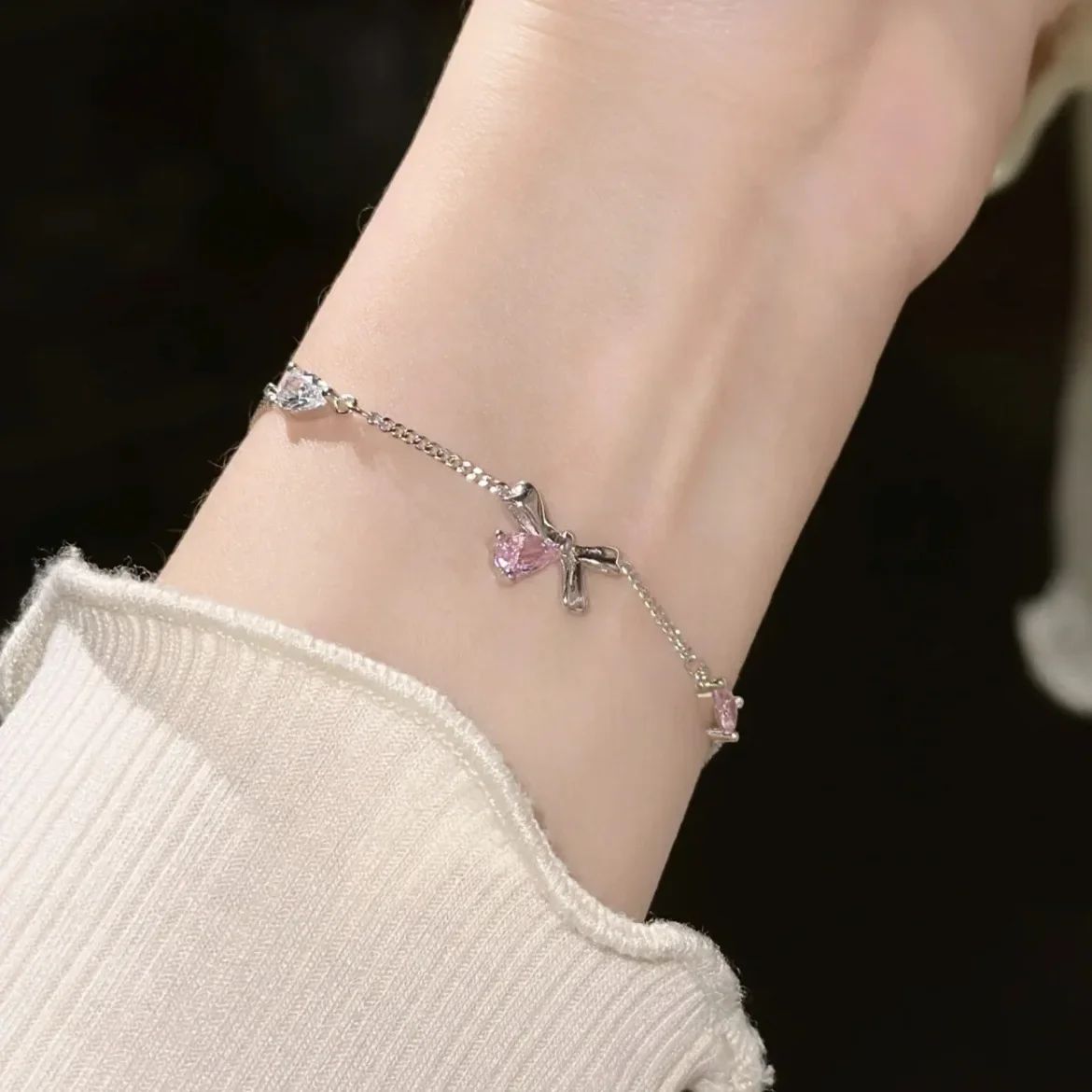 Pulseiras de Flor de Cerejeira de Cristal Rosa Brilhante Para Mulheres Meninas Doces Lua Laço Flores Zircônia Pulseira Festa Estética Joias Egirl