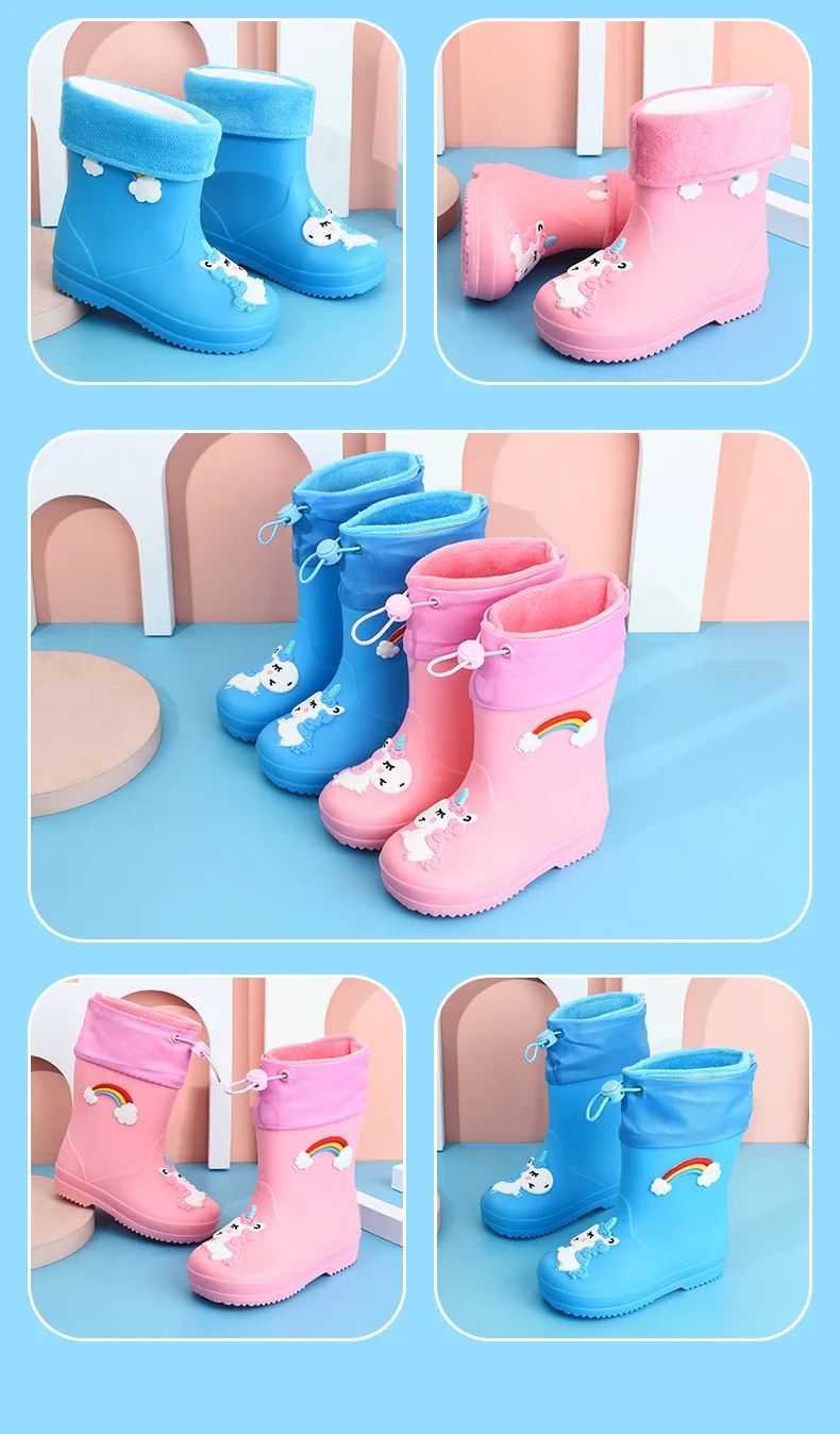 Children's Fleece-Lined Non-Slip Rain Boots For Boys And Girls Cartoon Cute Princess Style Anti-Slip Four Seasons Kids Shoes