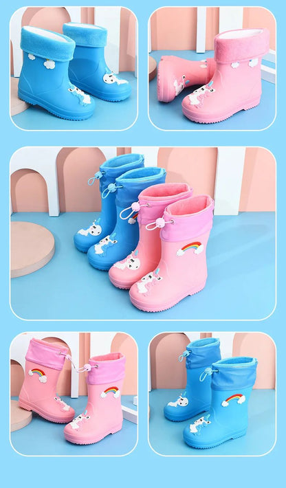 Children's Fleece-Lined Non-Slip Rain Boots For Boys And Girls Cartoon Cute Princess Style Anti-Slip Four Seasons Kids Shoes