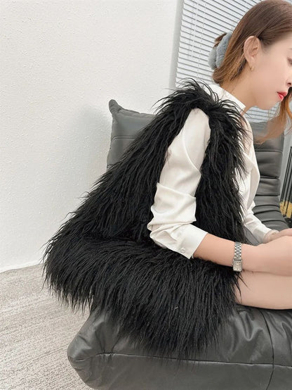 2025 NOVAS Bolsas de Ombro Pelúcia Lã Femininas Y2k Hot Girls Bolsa Saco com Cordão de Pele Sintética Moda Feminina Bolsas de Mão Peludas Tote
