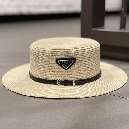 Straw Sun Hat for Children Kids Triangular Metal Logo Woven Beach Hat Spring Summer Fashion Vacation Sun Protection Wide Brim