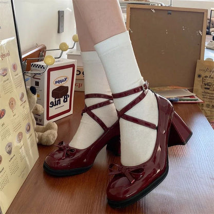 Red Mary Jane Women Pumps Thick High Heels Shoes Female Lolita Square Toe Shoes Spring Fashion Party Leather Woman Shoes New