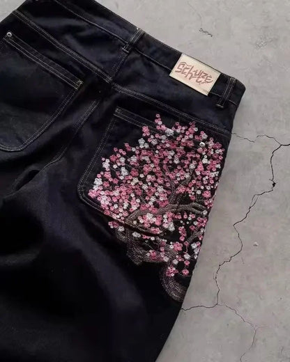 Calça jeans Hip-hop com moedas douradas Y2K retro cintura baixa perna larga com zíper calças jeans soltas bordadas moda masculina Y2K