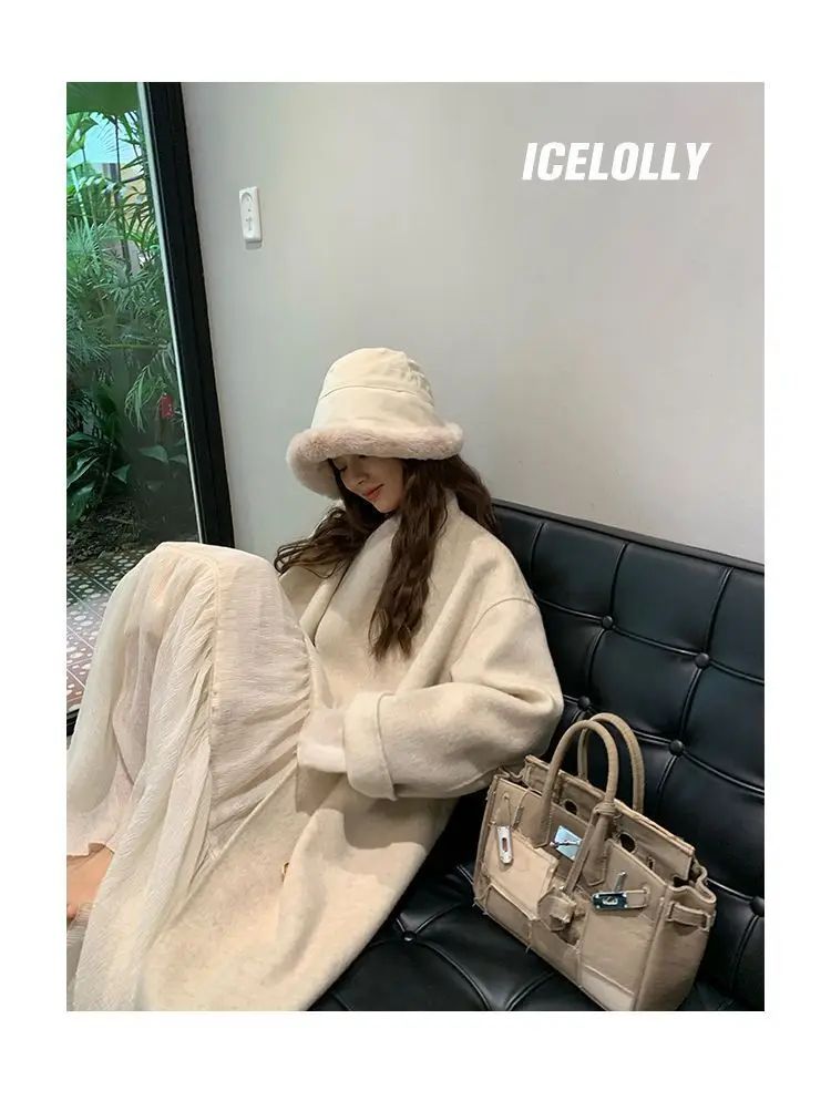 Light Grey Woolen Coat Women's Long Loose Korean Style Fashionable Autumn Winter New Arrival Polyester Fiber Full Sleeve