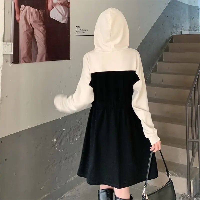 Plus Size Casual Color Blocking Hooded Slimming Dress Early Autumn New Style Drawstring Slim Fit Cropped Versatile Dress For Plu