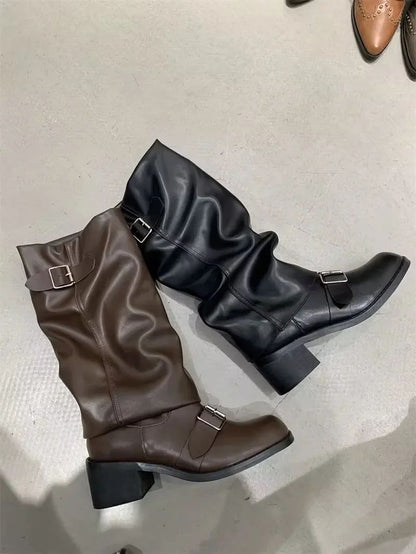 Woman Boots Knee High Platform Chunky Heels Trend Punk Gothic New Rock Leather Fashion Women's Shoes Motorcycle Footwear Q221