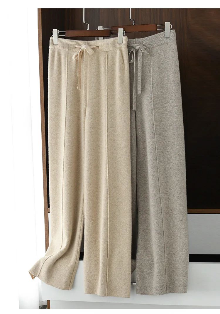 High Waist Wide Leg Pants Mid-Seam Knitted Trousers Drawstring Waist Belted Floor-Length Pure Color Versatile Autumn Winter Casu
