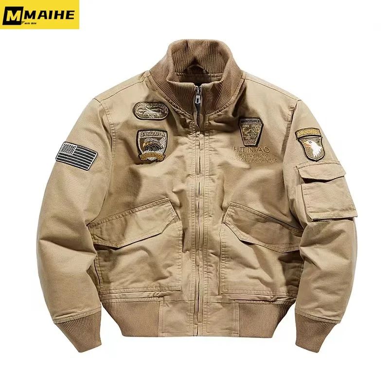 Retro Bomber Jackets Men Autumn Spring Embroidery Airplane Pilot Cargo Jackets Male Stand Collar  Embroidery Tactical Coats
