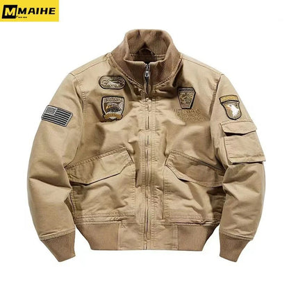 Retro Bomber Jackets Men Autumn Spring Embroidery Airplane Pilot Cargo Jackets Male Stand Collar  Embroidery Tactical Coats