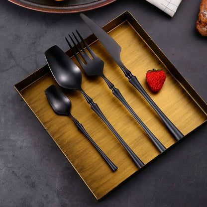 Conjunto de Talheres 24 Peças Aço Inox Fosco Preto Dourado Jogo de Talheres de Mesa Faca Colher Garfo Lavável em Lava-louças