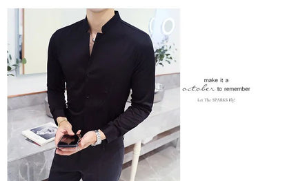 Black Men Long Sleeve Shirt, White Single Breasted Collar Stretch Shirts, Red Fashion Slim Top,Asian Size M-5XL(Korean Slim Fit)