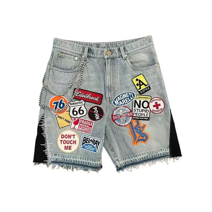 Retro Camouflage Cargo Denim Shorts Y2K Jeans Mens Pocket Embroidery Baggy Shorts Low Waist Over The Knee Pants Casual Shorts