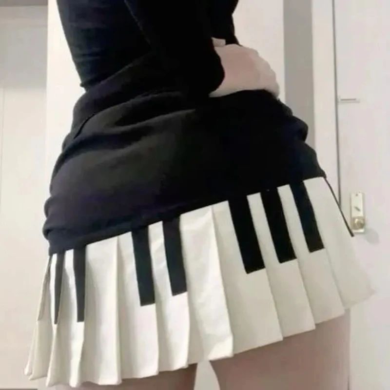 2000s Aesthetic Elegant Women Piano Skirt Stripe Design Y2k Slim Mini Skirt Female Black White Spliced Korea Style Chic Outfits