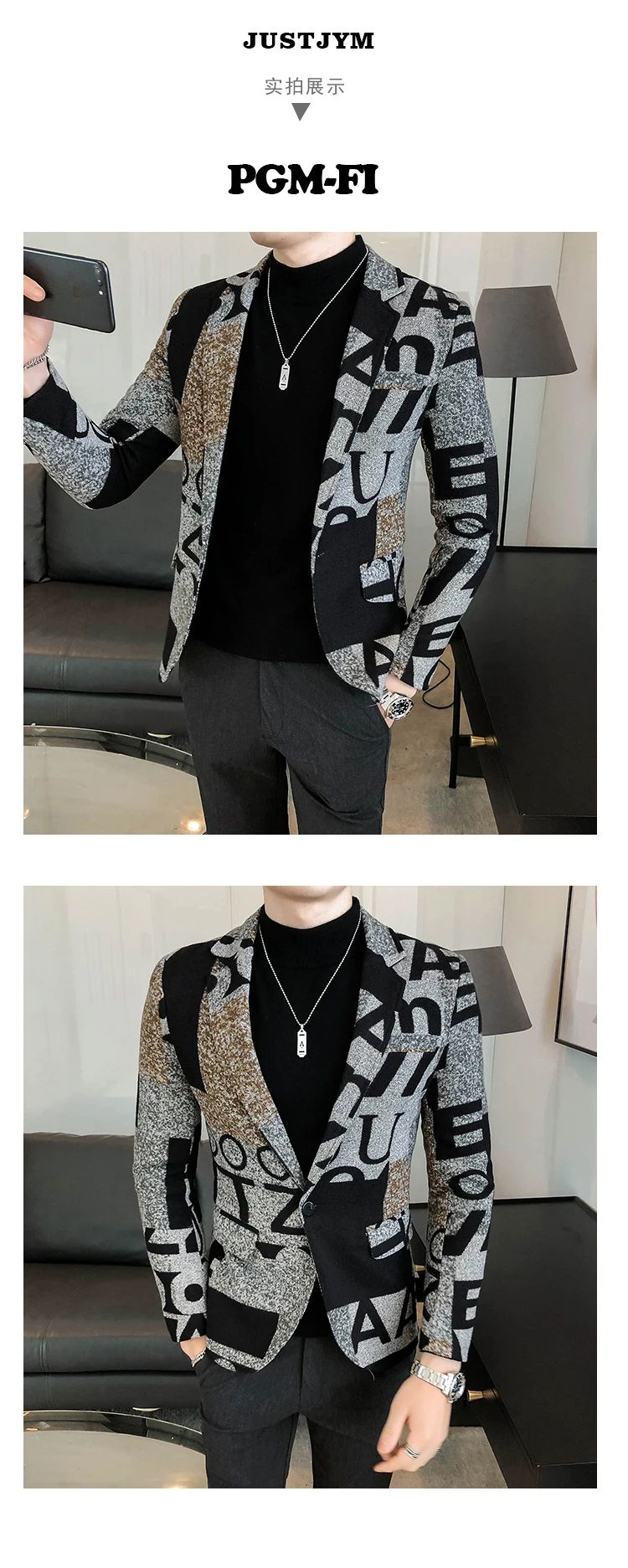 Men's New Suit Jacket Autumn and Winter Men's Letter Printed Suit Jacket Slim Lapel Comfortable Suit Jacket Fashion Woolenjacket